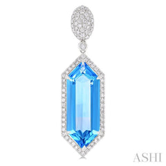 22x8 MM Hexagon Shape Blue Topaz and 7/8 Ctw Round Cut Diamond Halo Semi-Precious Earrings in 14K White Gold