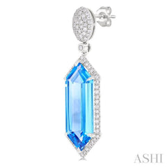 22x8 MM Hexagon Shape Blue Topaz and 7/8 Ctw Round Cut Diamond Halo Semi-Precious Earrings in 14K White Gold