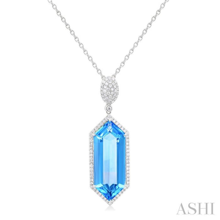 26x10 MM Hexagon Shape Blue topaz and 1/2 Ctw Round Cut Diamond Halo Semi-Precious Pendant With Chain in 14K White Gold