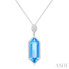 26x10 MM Hexagon Shape Blue topaz and 1/2 Ctw Round Cut Diamond Halo Semi-Precious Pendant With Chain in 14K White Gold