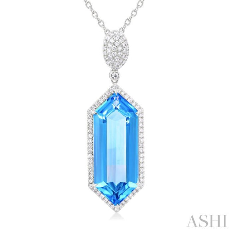 26x10 MM Hexagon Shape Blue topaz and 1/2 Ctw Round Cut Diamond Halo Semi-Precious Pendant With Chain in 14K White Gold