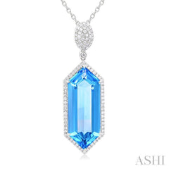26x10 MM Hexagon Shape Blue topaz and 1/2 Ctw Round Cut Diamond Halo Semi-Precious Pendant With Chain in 14K White Gold