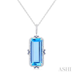 22x10 MM Emerald Cut Blue Topaz and .80 MM Sapphire & 1/5 Ctw Round Cut Diamond Halo Precious & Semi-Precious Pendant With Chain in 14K White Gold