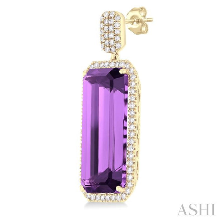 22x10 MM Emerald Cut Amethyst and 7/8 Ctw Round Cut Diamond Halo Semi-Precious Earrings in 14K Yellow Gold
