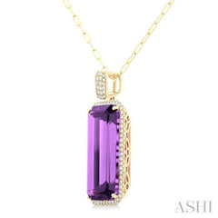 26X12 MM Emerald Cut Amethyst and 1/2 Ctw Round Cut Diamond Halo Semi-Precious Pendant With Chain in 14K Yellow Gold