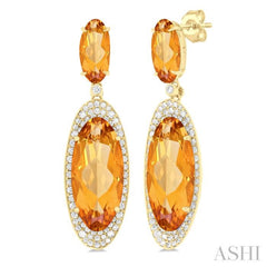 18x8 MM & 10x5 MM Oval Cut Citrine and 3/4 Ctw Round Cut Diamond Halo Semi-Precious Earrings in 14K Yellow Gold