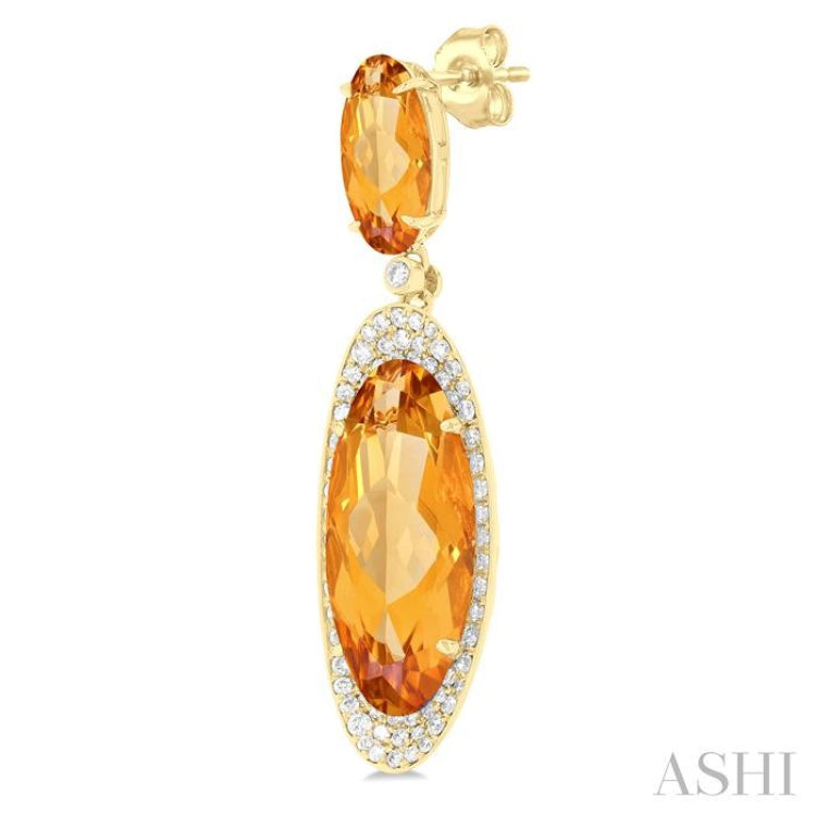 18x8 MM & 10x5 MM Oval Cut Citrine and 3/4 Ctw Round Cut Diamond Halo Semi-Precious Earrings in 14K Yellow Gold