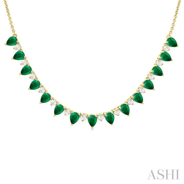 4x3 MM Pear Shape Emerald and 1/2 Ctw Round Cut Diamond Precious Tennis Necklace in 14K Yellow Gold