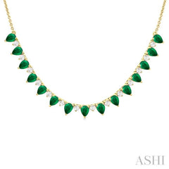4x3 MM Pear Shape Emerald and 1/2 Ctw Round Cut Diamond Precious Tennis Necklace in 14K Yellow Gold