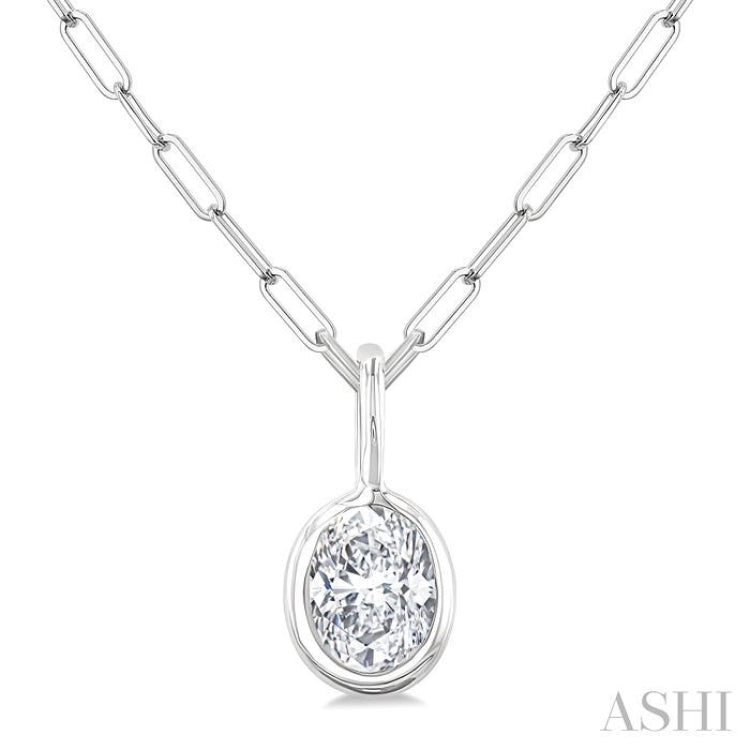 1/5 Ctw Oval Cut Bezel Set Diamond Fashion Pendant With Paperclip Chain in 10K White Gold
