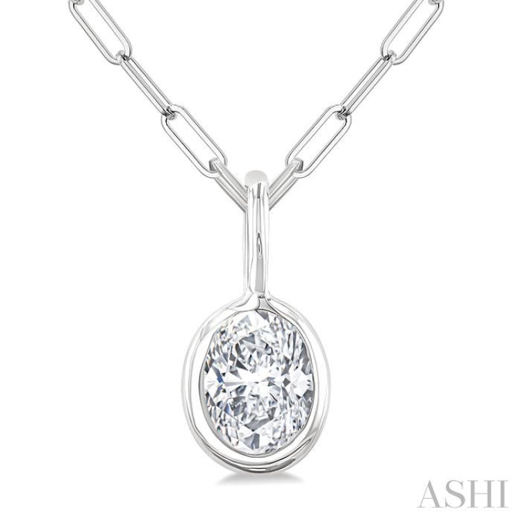 1/5 Ctw Oval Cut Bezel Set Diamond Fashion Pendant With Paperclip Chain in 10K White Gold