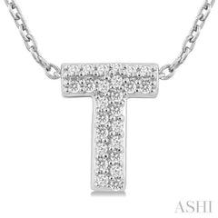 1/10 Ctw Initial 'T' Round Cut Diamond Fashion Pendant With Chain in 10K White Gold