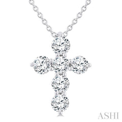 1/2 Ctw Round Cut Diamond Christian Cross 6-Stone Fashion Pendant With Chain in 14K White Gold