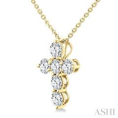 1/2 Ctw Round Cut Diamond Christian Cross 6-Stone Fashion Pendant With Chain in 14K Yellow Gold