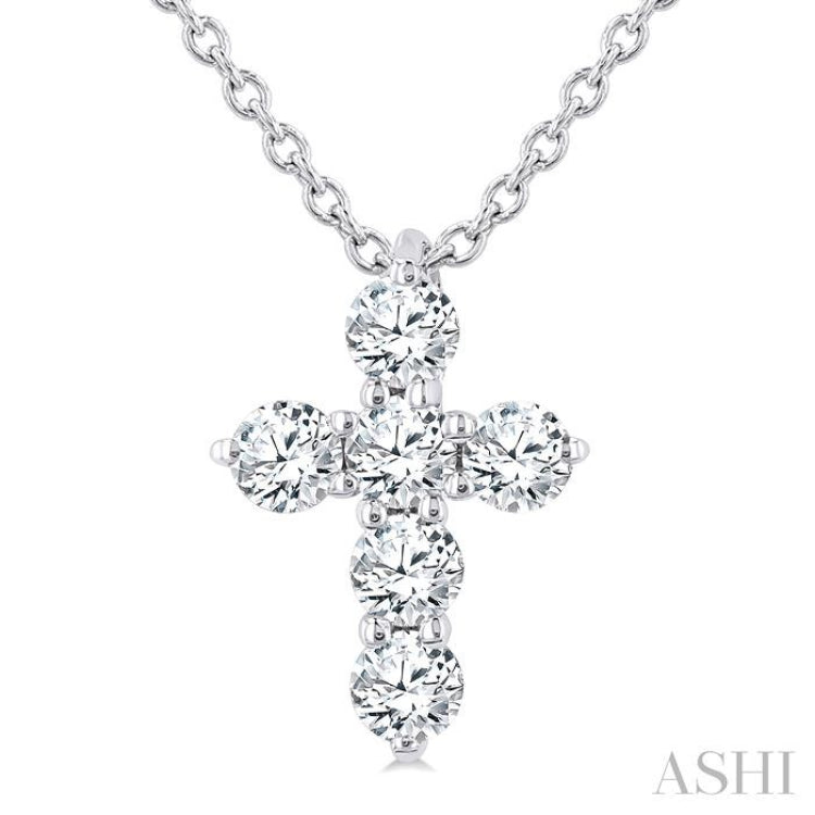 1/4 Ctw Round Cut Diamond Christian Cross 6-Stone Fashion Pendant With Chain in 14K White Gold