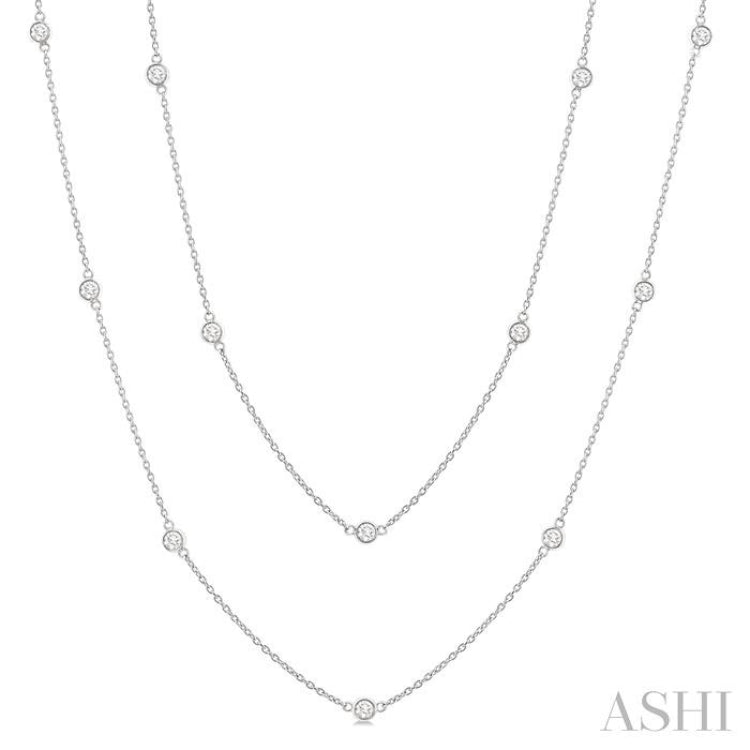 1.00 Ctw Bezel Set Round Cut Diamond Station Long Necklace in 14K White Gold