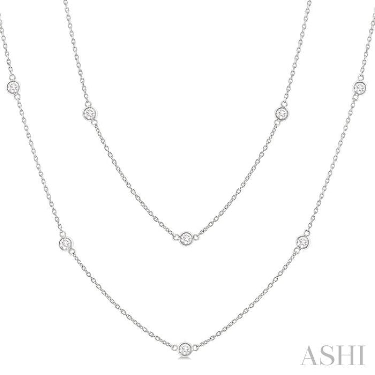 1.00 Ctw Bezel Set Round Cut Diamond Station Long Necklace in 14K White Gold