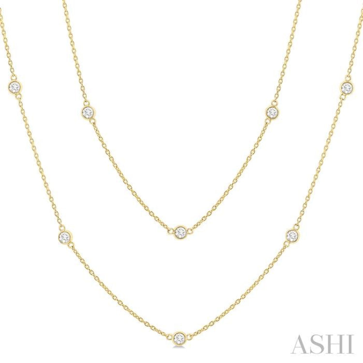 1.00 Ctw Bezel Set Round Cut Diamond Station Long Necklace in 14K Yellow Gold