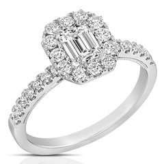 1/2 Ct Emerald Cut Center Diamond Halo Engagement Ring